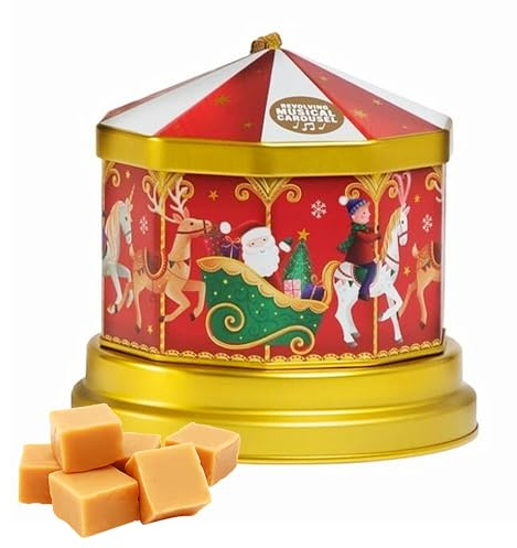 Christmas Musical Carousel with Fudge Sweets - Music Box Tin with Vanilla Fudge 150g Sweets with Topline Card for Stocking Fillers, Christmas Table Decoration, Secret Santa Gifts for Kids