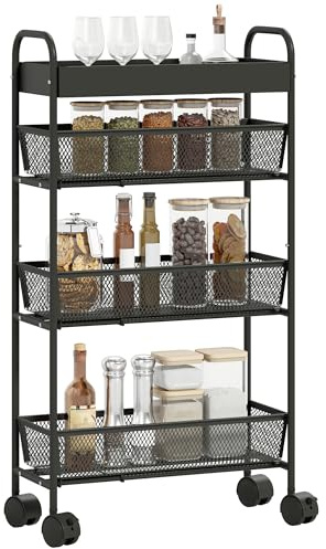 HOMCOM Chariot de rangement à 4 niveaux, 3 paniers coulissants, desserte à roulettes, panier supérieur et poignée, desserte cuisine multifonctionnel pour chambre, salon, bureau, 19 x 43,2 x 80 cm noir
