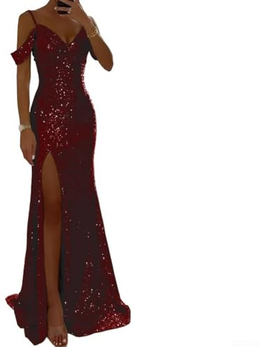 Maxi abito da donna con scollo all'americana e paillettes con spacco laterale, scollo a V, senza maniche, abito da sera da donna, lunghezza fino al pavimento, abito elegante, S-XL (M rosso)