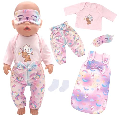 Baby Doll Clothes Dress Set for 14-18 Inch Dolls, Pink Pony Doll Clothes Outfit with Sleeping Bag Eye Patch Socks, Dolls Clothes Pajamas for Girl Boy Doll, with Rainbow Butterfly Bow