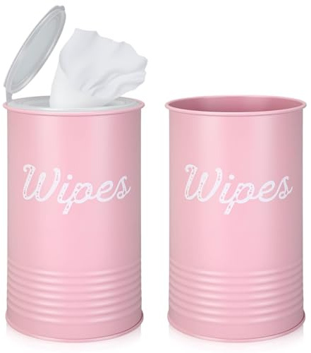 Frienda 2 Pcs Metal Wipe Holder for Kitchen Disinfectant Wipes Dispenser Farmhouse Vintage Countertop Sanitizing Wipe Storage Container Organizer Caddy for Bathroom Office up to 80 cont(Pink)