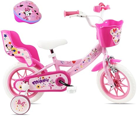Disney Vélo Enfant 12' Minnie de livré avec Casque Minnie et équipé de 1 Frein, Panier Avant, Porte poupée arrière, Garde boues, Carter et stabilisateurs