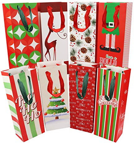 BELLE VOUS 16 Stück Weinflaschenverpackung Weihnachten Geschenktueten 8 Weihnachts Motto Winter Flaschentueten (36x8 x12cm) mit Band für Champagner Flaschen, Wein, Whiskey, Brandy&Andere Getränke