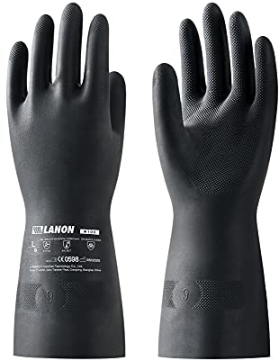 LANON Gants de Protection Chimique en Caoutchouc Naturel, Résistants aux Produits Chimiques et Etanche, EN 374, Noirs, XL/10