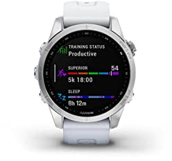 Garmin Fenix 7S, Smaller Sized Adventure smartwatch, Rugged Outdoor Watch with GPS, Touchscreen, Health and Wellness Features, Silver with Whitestone Band
