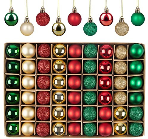 Anstore Christmas Baubles - 54Pcs Mini Ball Ornaments With Strings, 30mm/1.18-Inch Small Shatterproof Xmas Tree Decorations (Red, Green, Gold)