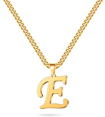 Mens Necklace - Gold Letter E Initial Necklace for Men Boys Letter Pendant Cuban Link Chain Initial Necklaces Collar Cadenas Para Hombres Fathers Birthday Gifts for Men Son Dad Husband Boyfriend