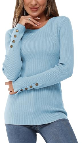 Newshows Pull-Over Solide à Manches Longues pour Femmes, col Ras du Cou en Tricot Boutons Stretch Décontracté Pull-Over Tops