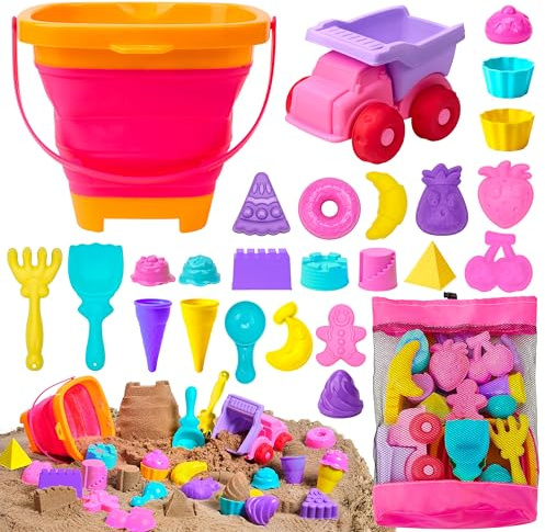 Sloosh Beach Sand Toys Set 24Pcs - Pink Dump Truck Car Toy with Sand Molds, Collapsible Buckets Mesh Bag Shovels Castle Ice Cream Mold for Ages Kids Toddlers Sandbox Toys Gifts Travel Vacation (Foods)