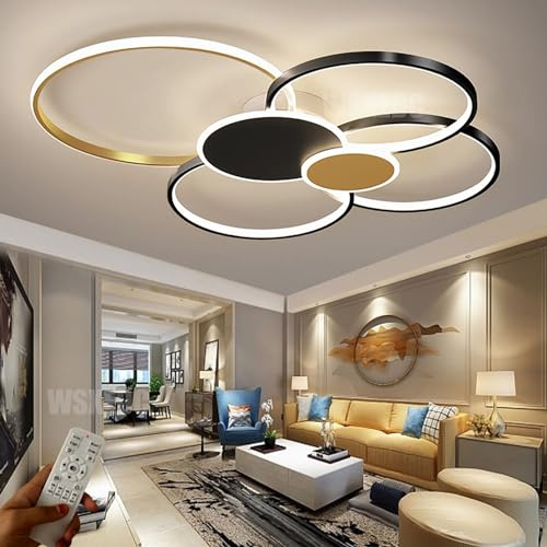 WSXEDC Dimmable LED 6 Ring Living Room Light LED Ceiling Light Modern Black-Gold Creative Ceiling Lighting Interior Ceiling Spots Eye Care for Bedroom Office Dining Room Youth Room L100cm 93W