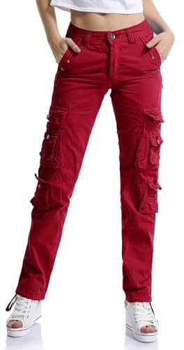 Aeslech Pantalon cargo en coton pour femmes, taille haute, décontracté, pour le travail et les voyages, avec poches multiples, style randonnée Y2K, rouge foncé, 44