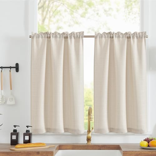 TOPICK Köksgardiner modern bistrogardin ogenomskinliga korta fönster gardiner för badrum bondgård ljusgenomsläpplig vardagsrum dragsko set om 2, elfenbensvit, 60 H x 70 B (cm)