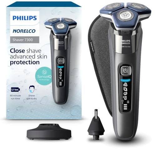 Philips Norelco Shaver 7300, afeitadora eléctrica recargable en seco y húmedo con tecnología SenseIQ, recortadora emergente, soporte de carga, recortadora de nariz de clic y funda de viaje, S7887/92