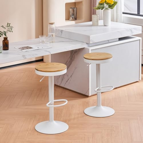 YOUNIKE Barhocker 2er Set Holz Barstuhl Hoher Barhocker Metallrahmen 360° höhenverstellbar drehbar mit Fußstütze Industriell Weiß