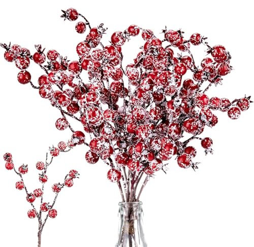 SXFENG 12 Pack Christmas Artificial Red Berry Picks Christmas Frosted Berry Stems Snow Tipped Berry Branches Christmas Wreath Decoration Supplies for Garland Xmas Tree Craft Table Centerpiece