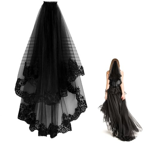 Wffeila Velo da Sposa Nero per Halloween - Capelli Strega, Pizzo, Fascia, Cosplay, Costume Vintage - 80 cm