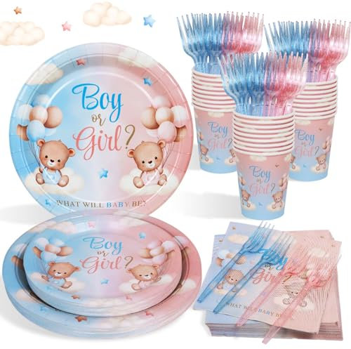 96 Pezzi Gender Reveal Decorations Piatto di Carta Orso Set, Boy or Girl Gender Reveal Party Decorations Rosa Blu Teddy Bear Piatti Tovaglioli Tazze Gender Reveal Party Tableware per 24 Ospiti