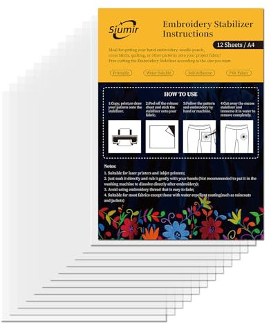Siumir 12PCS Stickvlies Selbstklebende Wasserlösliche, A4 (29.7x21cm) Wasserlösliches Stickpapier, Drucken oder Zeichnen Zeichenstabilisator für Hand- und Maschinenstickereien