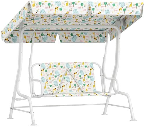 AIYAPLAY Dondolo per Bambini da Esterno a 2 Posti con Tettuccio Regolabile e Cinture di Sicurezza, Altalena Dondolo da Giardino e Interno in Acciaio e Poliestere, Max 60 kg, 112x75x120 cm, Bianco