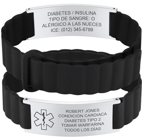 Pulseras Alerta Médica Personalizadas-Pulsera Doble Cara Grabada Personalizado Identificación,Correa Magnética Silicona,Pulseras Emergencias para Hombre, Mujer, Adultos Mayores, Niños,Negro / plateado
