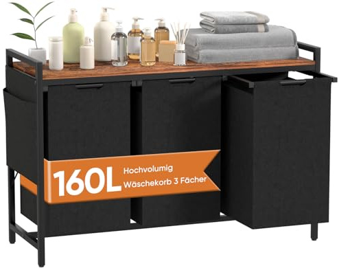 TESSTINA Laundry Basket 3 Compartments, Laundry Hamper with Shelf, Capacity 150 L, Removable Oxford Fabric Liner Bag, Wash Basket with Side Pockets and X holder for Laundry Room (3 Compartments, 150L)