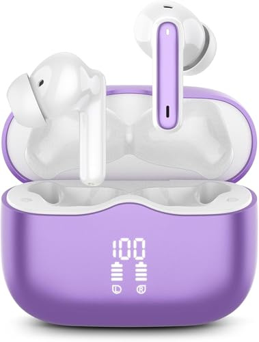 Auriculares Inalambricos Bluetooth, Auriculares Bluetooth 5.4 con Reducción de Ruido 4 Mic, 40H Cascos Inalambricos con HiFi Estéreo, Pantalla LED, IP7 Impermeable, Carga Rápida, Ajuste Cómodo, Morado