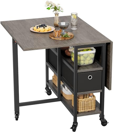 YITAHOME Klappbarer Esstisch, mobiler Klapptisch mit 6 Rollen und Aufbewahrungsschubladen für kleine Räume, Küche, Esszimmer, Graue Eiche und Schwarz