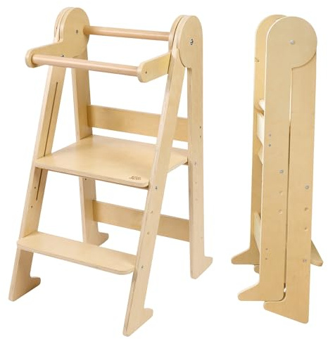 Torre de observación Montessori plegable compacta y ligera – Madera de abedul resistente a 80 kg – 3 alturas ajustables – Certificado CE y seguridad anti-Basculamento – Autonomía y movilidad – a