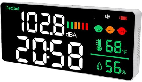 Fockety Decibelmätare, 11 tum LED skärm väggmonterad stationär 30-130dB digital ljudnivåmätare, USB tid, temperatur och fuktighetsmätare för hemmastudio, fabriksklassrum