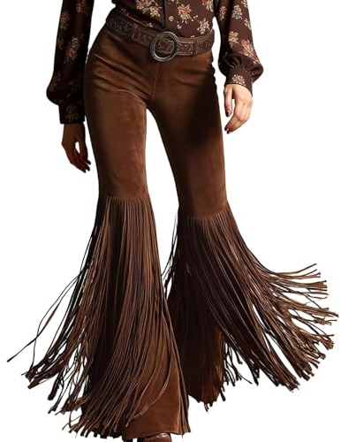 Pantalones Retro Estilo Western con Flecos y Cintura Alta, Acampanados, Estilo Bohemio Informal.