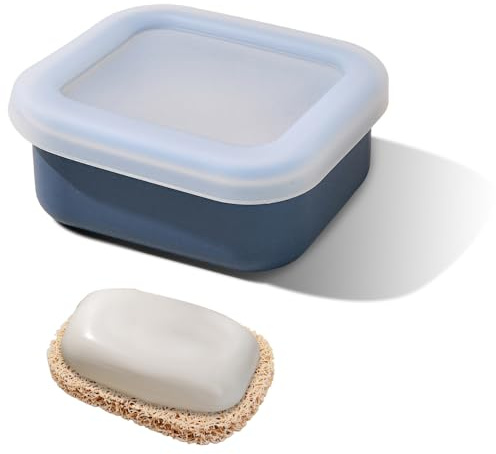 HMCEY Boite à Savon avec Couvercle 12 X 8.5 X 4.5 CM,Porte Savon Voyage Silicone avec Tapis D'égouttage,Soap Holder,Organisateur Savons Portable pour Salle de Bain, Salle de Sport - Bleu Marine