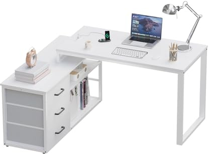 JUMMICO Bureau d'ordinateur 140 x 105 cm, Modèle en L Réversible, 3 Grands Tiroirs, Multiprise Intégrée et Panneau Perforé Réglable, Plateau Blanc avec Pieds Blancs