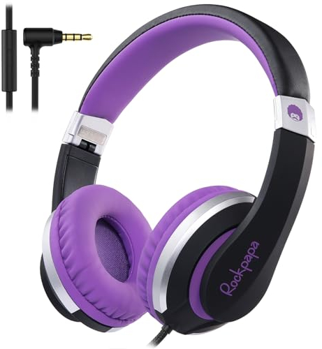 RockPapa Auriculares Niños con Cable, Auriculares con Microfono, Cómodos y Plegables Cascos Niños Diadema para Phone/Pad/Android/PC-Negro Morado