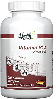 B01N3CYYEX– Health+ Vitamin B12 - 240 Kapseln, hochdosierte Vitamin Kapseln mit 500 mcg Cobalamin-Komplex, Nahrungsergänzungsmittel, Made in Germany