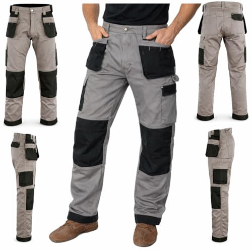 GRS Multi Pockets Mens Combat Cargo Work Trousers with Knee Pad Pockets, Grey, 40 Waist - Short