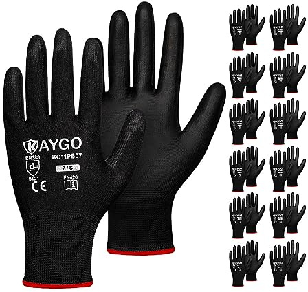 KAYGO Work Gloves for Men and Women,12 Pairs Seamless Knit PU Coated Safety Gloves, with Smooth Grip on Palm and Fingers, Ideal for Light Warehouse, Manufacturing, Gardening, KG11P (S, Black)