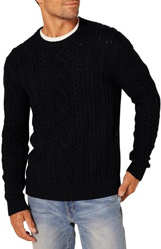 Amazon Essentials Maglione da Pescatore Girocollo a Coste a Manica Lunga in Cotone 100% Uomo, Nero, M