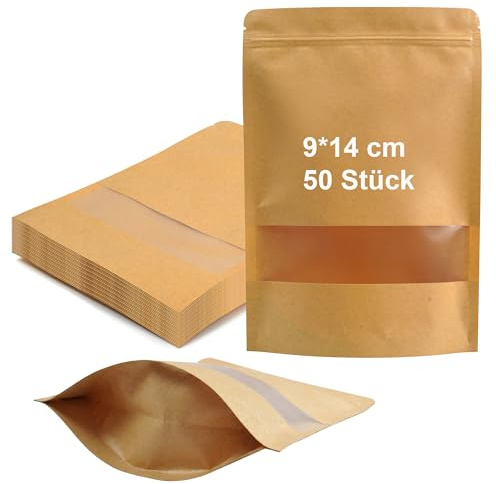 50 piccoli sacchetti di carta kraft con cerniera, 9 x 14 cm, con finestrella, ideali per conservare semi, caramelle, biscotti, tè e spezie, per alimenti e richiudibili