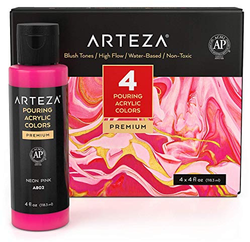 ARTEZA Acrylic Pouring Paint Set, 118 ml Bottles, Set of 4 Blush Tones, High-Flow Paint, No Mixing Needed, For Pouring on Canvas, Glass, Paper, Wood, Tile and Stones