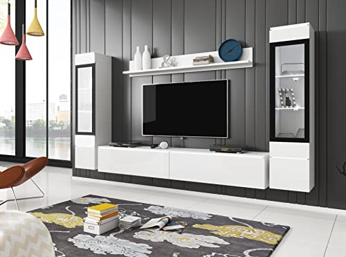 PIASKI Set di mobili da salotto Vera II, illuminazione LED opzionale, set di mobili da salotto, diversi colori (Bianco brillante, con illuminazione LED)