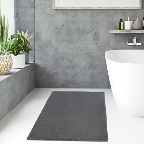 payé Badezimmerteppich Hochflor Bad - Dunkel Grau - 80x150cm - kuschelig weich - waschbar - Badematte Wasserfest rutschfest Dekoration - Deko Teppich Badvorleger