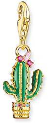 THOMAS SABO Charm-Anhänger grüner Kaktus aus hochwertigem 925er Sterlingsilber mit 750er Gelbgold-Vergoldung, Steinbesatz und Kaltemaille, Maße: 28 x 10 mm,1928-471-7
