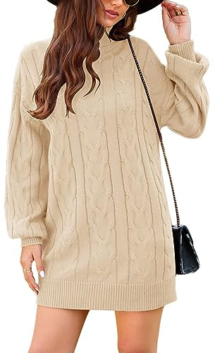 JFAN Vestido Punto Mujer Cuello Alto Manga Larga Frock Otoño Invierno Vestido Casual para Mujer Elegente Jersey Falda de Cadera Beige M