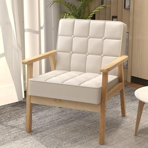 Multigot Accent Armchair, Button Tufted Modern Single Sofa Chair with Rubber Wood Armrests and Tilted Back, Upholstered Wooden Leisure Chair for Living Room Bedroom Office (Beige)