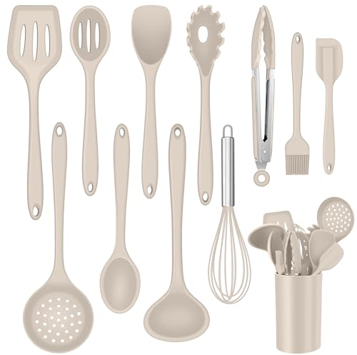 Onader Kitchen Utensil Set, 12 Piece Silicone Cooking Utensils with Holder, Heat Resistant Kitchen Tools Turner Spatula Spoon for Non-Stick Cookware, Easy Clean & Dishwasher Safe, Khaki
