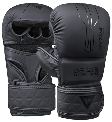 Mytra Fusion Gants MMA Hommes et Femmes Gants Sparring MMA avec Une Paume Respirante Ouverte Gants Grappling pour Le Kickboxing, Le grappin, Les Combats en Cage et Les Arts Martiaux (Black, XS)