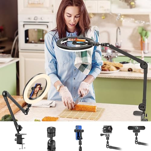 Jubor 10 LED Ringlicht mit Stativ Handy, Ringlicht Overhead Stativ Handy Dimmbare Ringlampe Videokonferenzen Lichter 3 Lichtfarben+10 Helligkeiten für YouTube, Selfie, Makeup, TikTok Live-Streaming