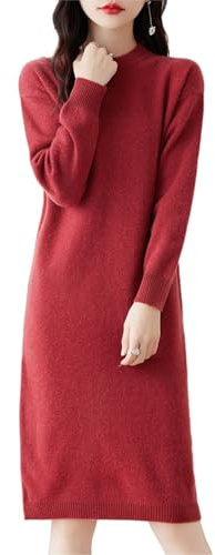 Ailaile Robe pull en laine mérinos 100 % laine mérinos pour femme, mi-longue, col rond, manches longues, pull à col rond, robe tricotée pour l'automne et l'hiver, Doré/rouge, Taille S