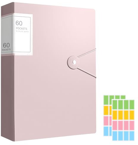 A4 Display Folders, 60 Pockets Display BookFolders with Plastic Sleeves, Folderswith Plastic Pockets & Safety Rope Presentation Folder ProjectFolders or School & Offices Business (Pink)