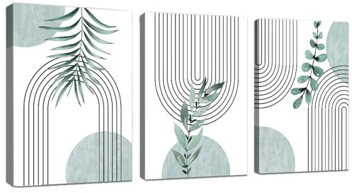 WENGTIAO Set of 3 Boho Botanical Plants Canvas Wall Art Prints Framed Pictures Sage Green Abstract Geometric Line Minimalist Painting on Canvas Living Room Bedroom Home Wall Decor 30x40cmx3